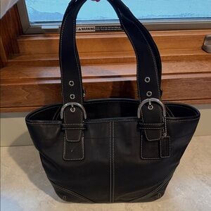 COACH - Black Leather Tote Shoulder Bag with White Stitching